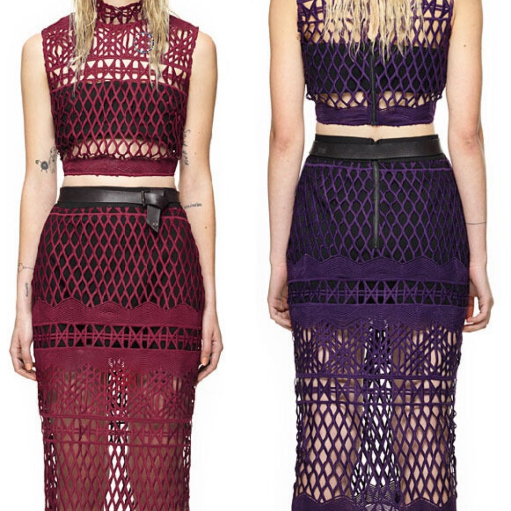 Self Portrait Cut work Lace Pencil Skirt Purple